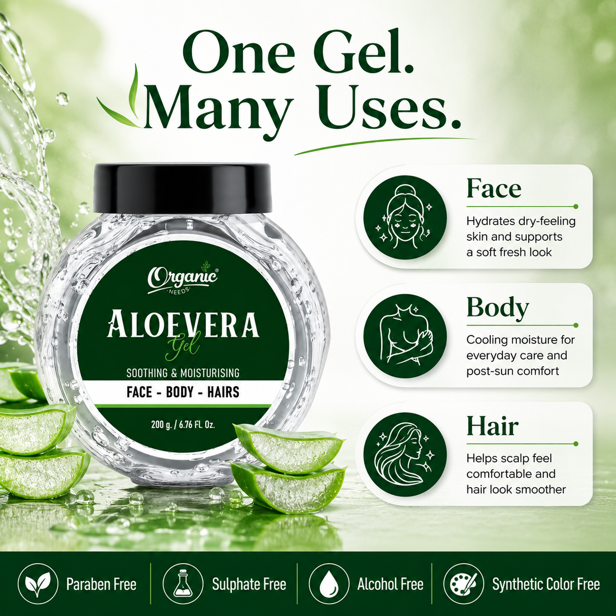 Aloe Vera Gel - 100% Pure & Natural, Soothing Gel for Face, Hair & Skin