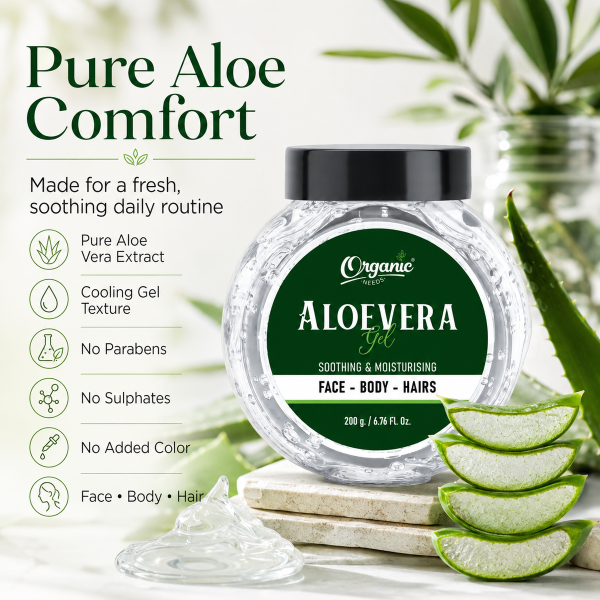 Aloe Vera Gel - 100% Pure & Natural, Soothing Gel for Face, Hair & Skin