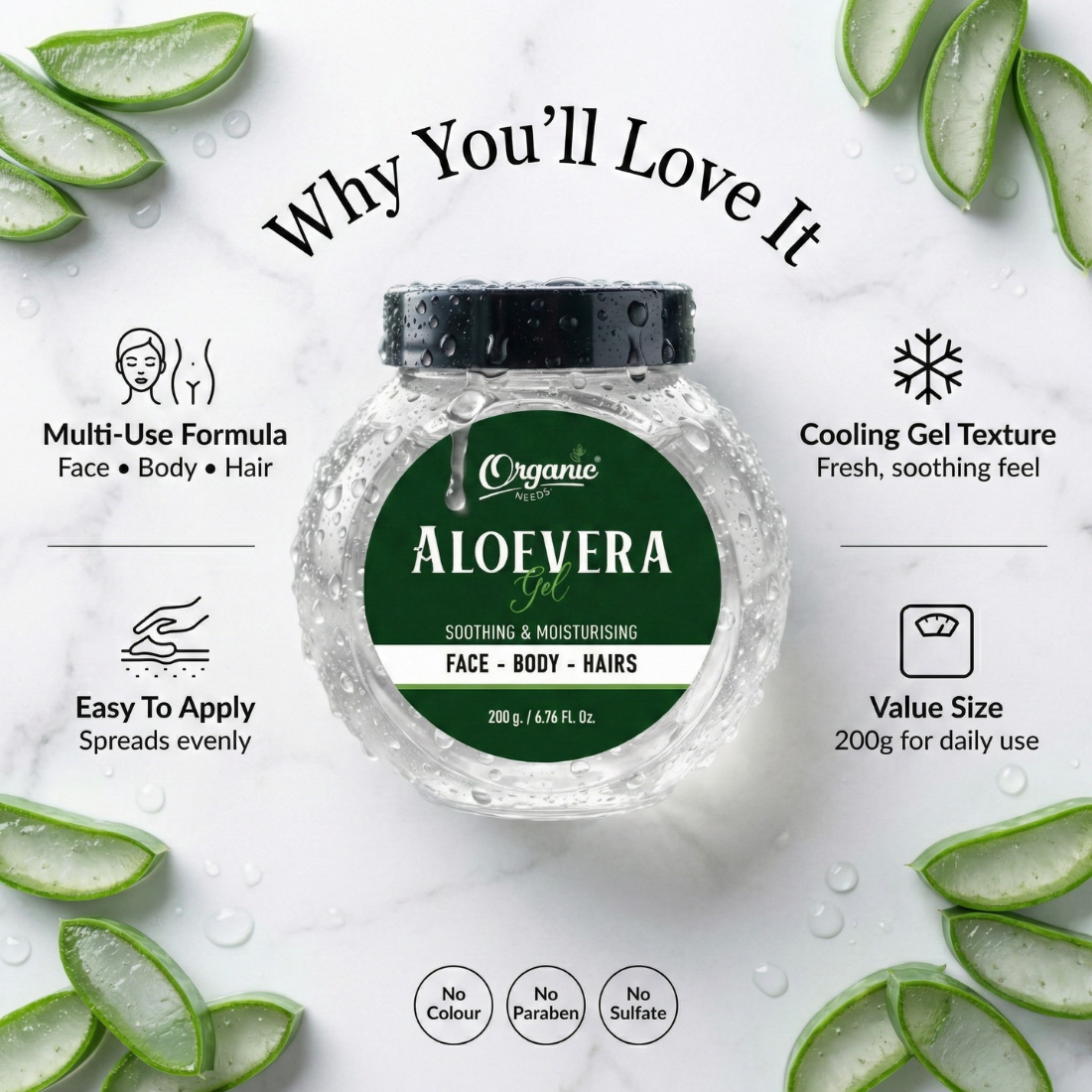 Aloe Vera Gel - 100% Pure & Natural, Soothing Gel for Face, Hair & Skin