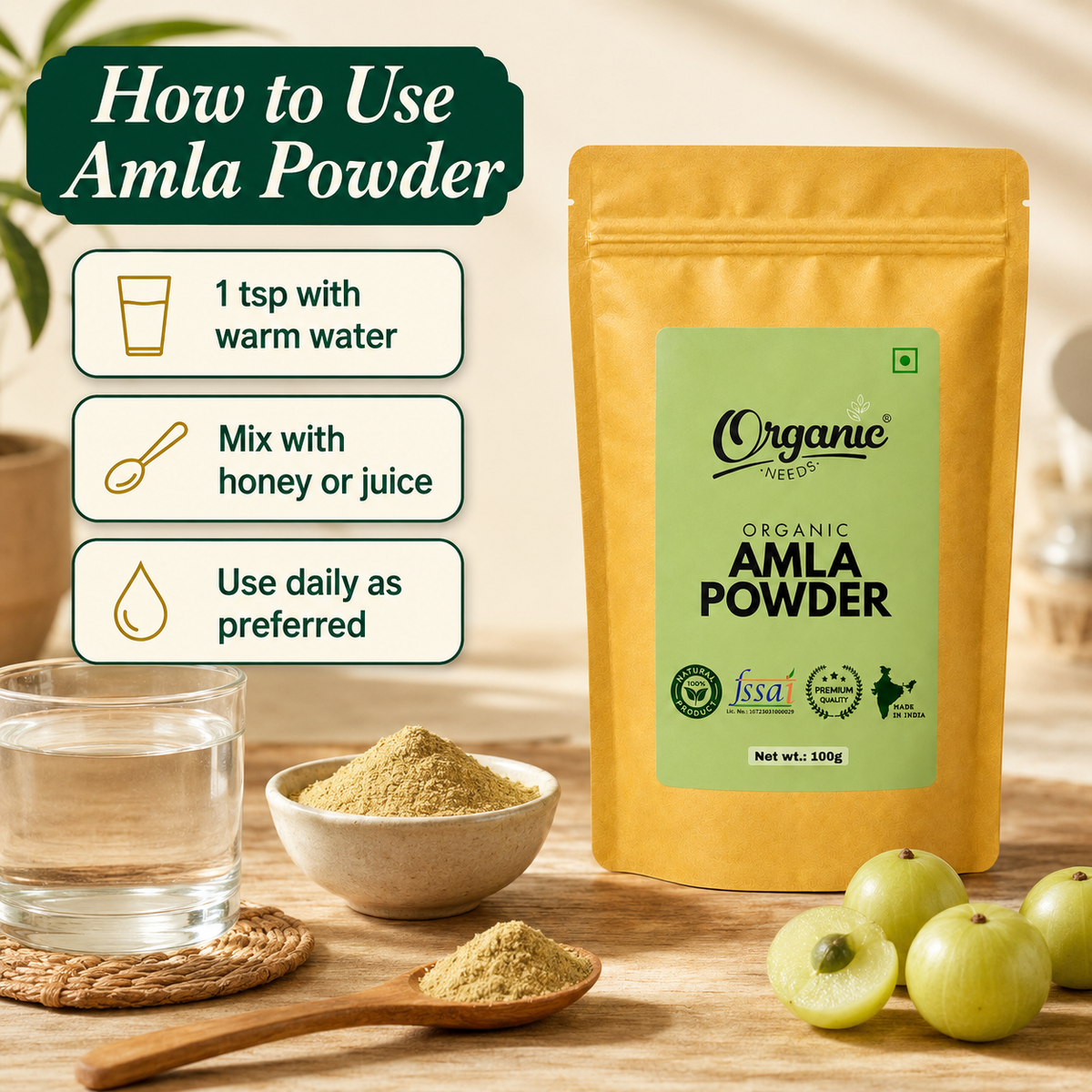 Organic Amla Powder | Pure Indian Amla Powder for Immunity, Digestion, Skin & Hair Wellness