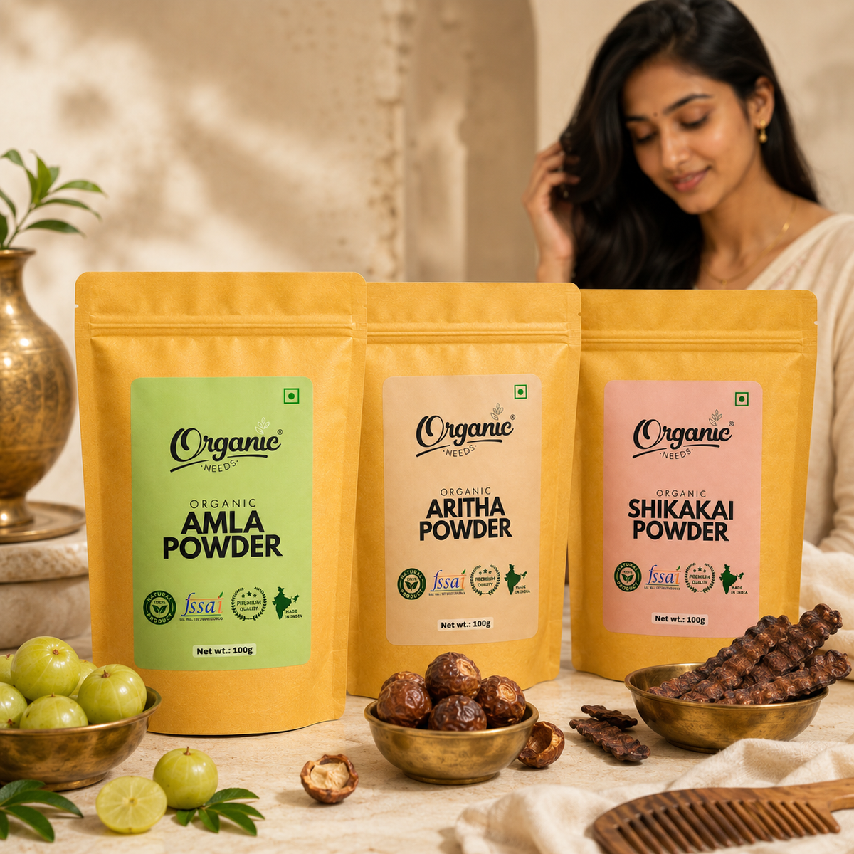 Organic Amla Reetha Shikakai Powder Combo | Herbal Hair Wash Powder
