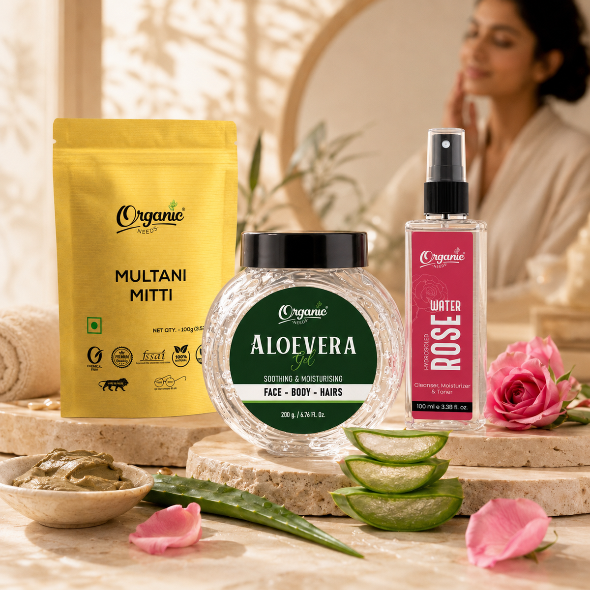 Multani Mitti + Rose Water + Aloe Vera Gel Combo | Natural Face Care Kit