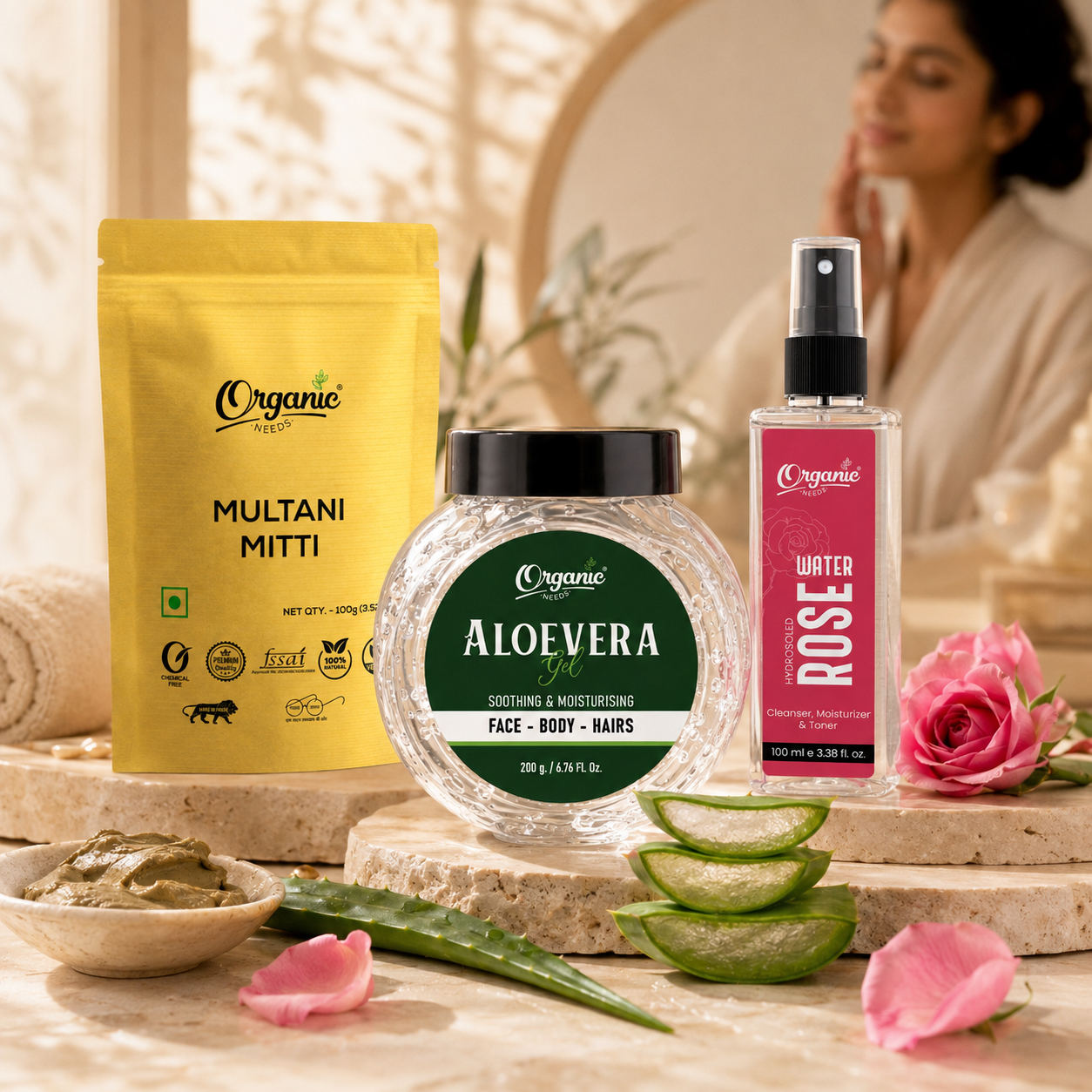 Multani Mitti + Rose Water + Aloe Vera Gel Combo | Natural Face Care Kit