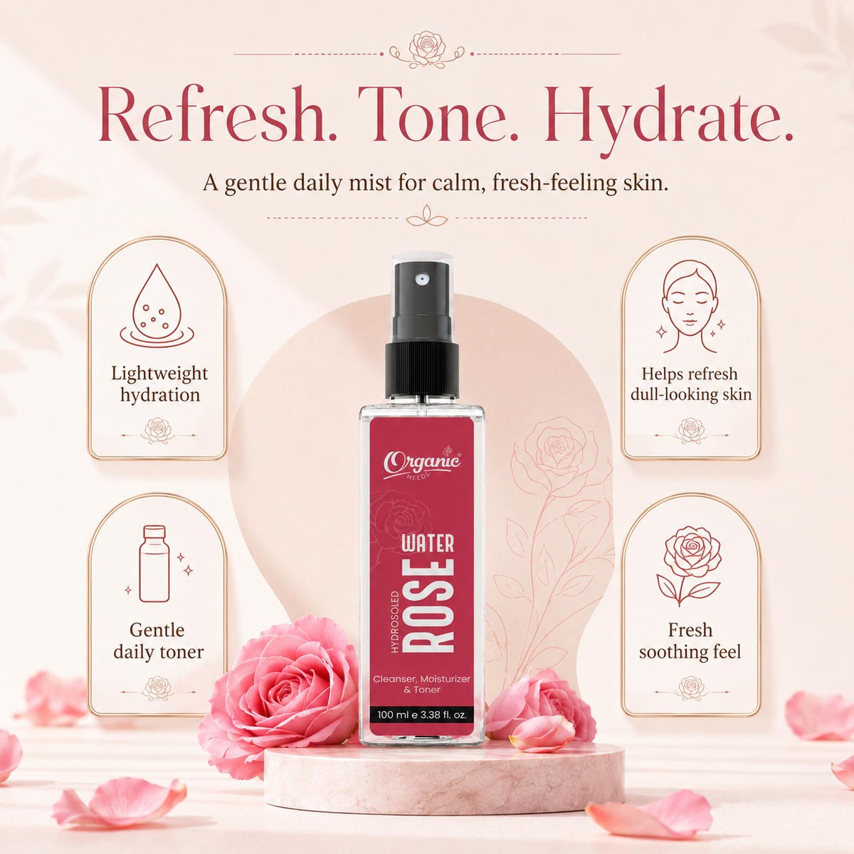 Rose Water - 100% Pure, Steam distilled, Natural, Hydrating Facial Mist