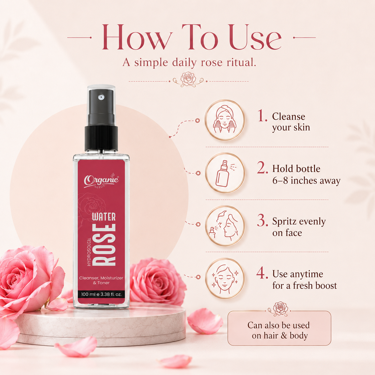 Rose Water - 100% Pure, Steam distilled, Natural, Hydrating Facial Mist