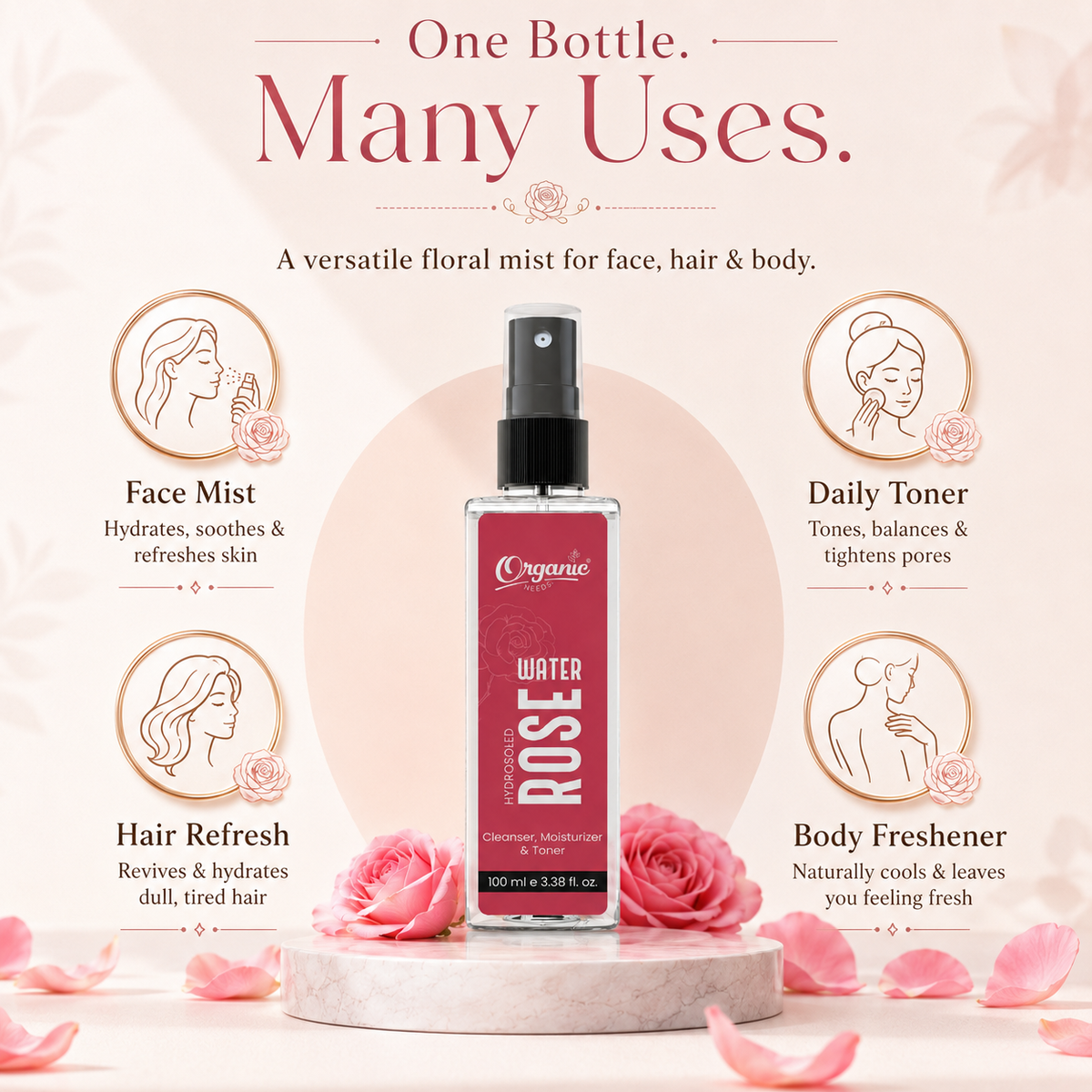 Rose Water - 100% Pure, Steam distilled, Natural, Hydrating Facial Mist