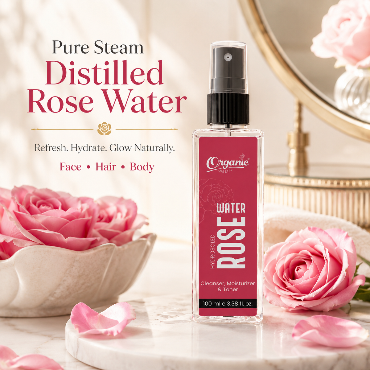 Rose Water - 100% Pure, Steam distilled, Natural, Hydrating Facial Mist