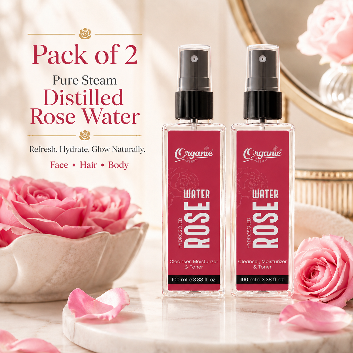 Rose Water - 100% Pure, Steam distilled, Natural, Hydrating Facial Mist