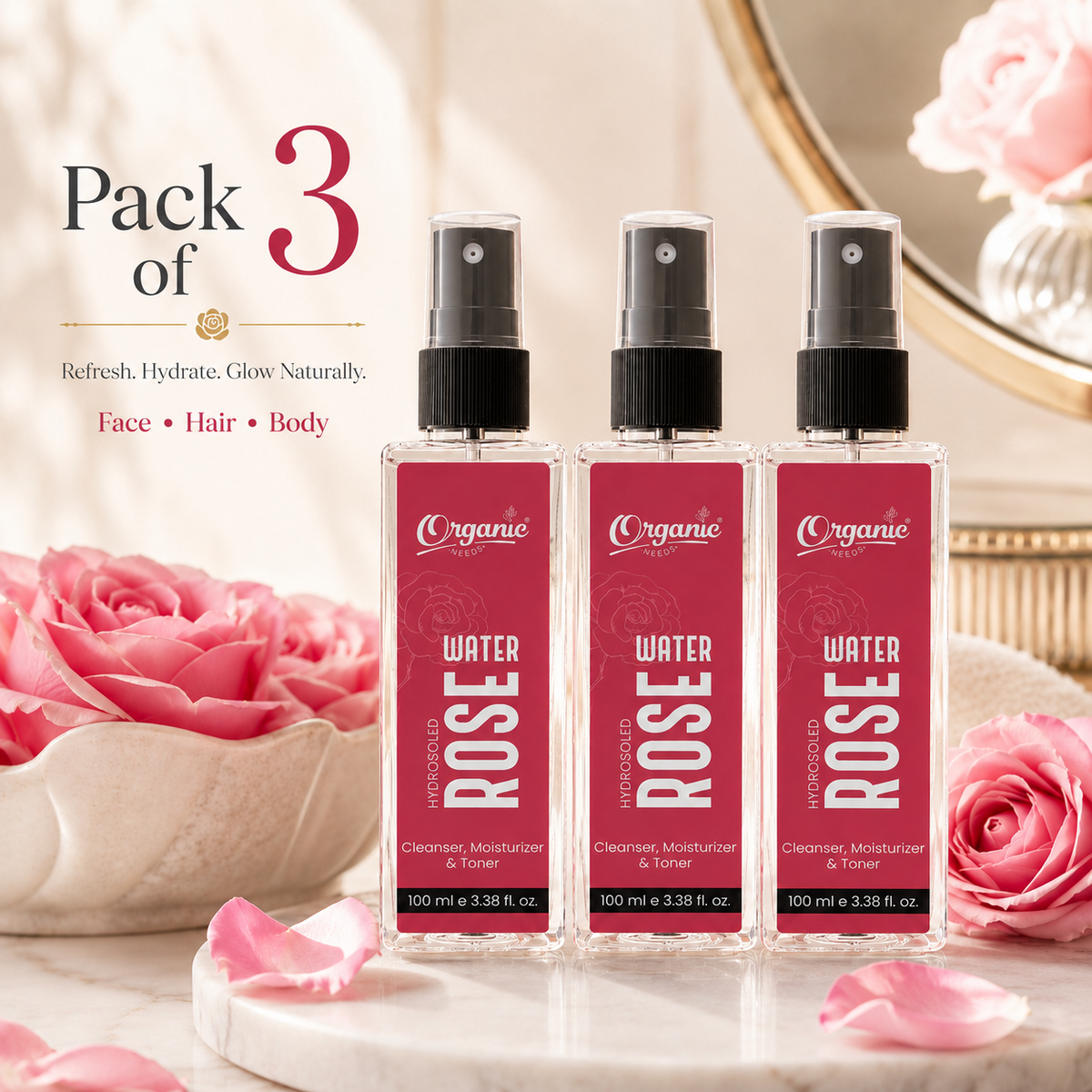 Rose Water - 100% Pure, Steam distilled, Natural, Hydrating Facial Mist
