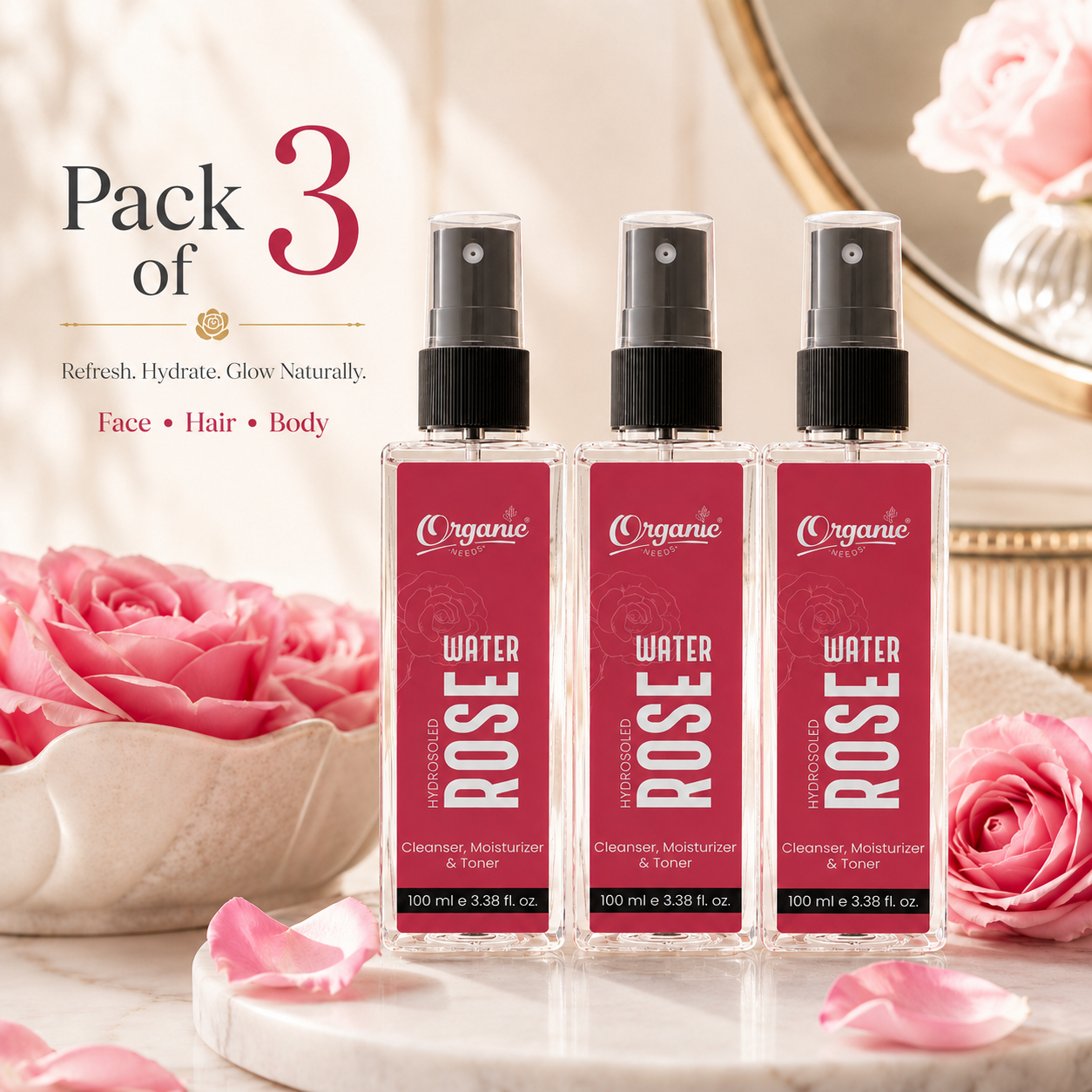 Rose Water - 100% Pure, Steam distilled, Natural, Hydrating Facial Mist